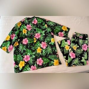 Ralph Lauren Linen Shirt Pants Linen Set XL 16 Tropical Floral Hibiscus Hawaiian